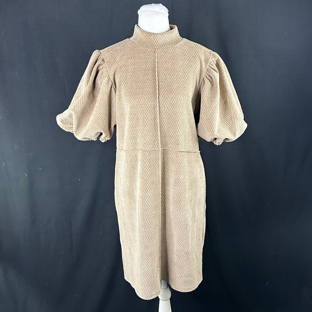 THML S Dress Tan Chevron Puff Sleeve Mock Neck Sheath Mini Neutral Clean Girl